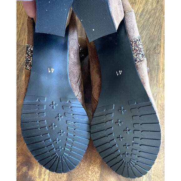 Brown Boots Womens Size 10 Suede & Glitter Ankle Boots Side Zipper & Chunky Heel - Picture 8 of 13